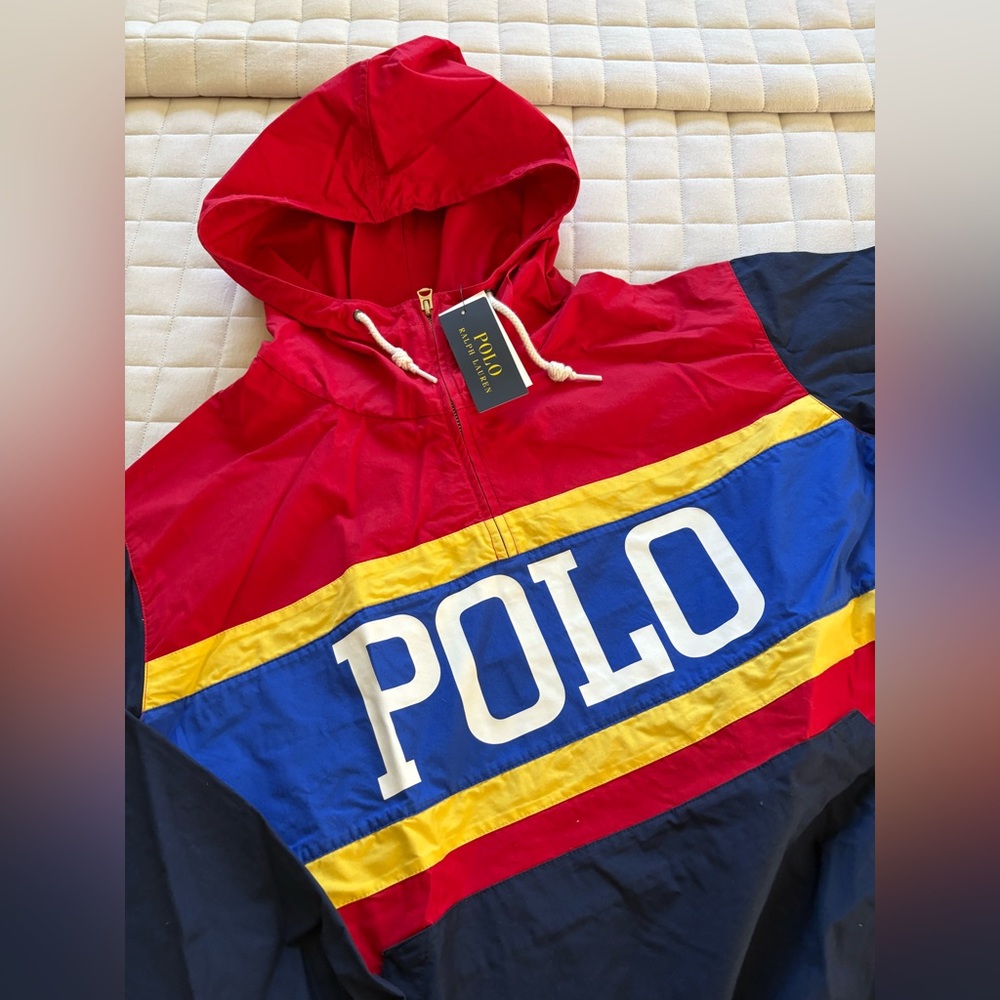 Polo by Ralph Lauren Men’s Red, Blue, and Yellow Windbreaker Pullover Hoodie - Picture 2 of 4